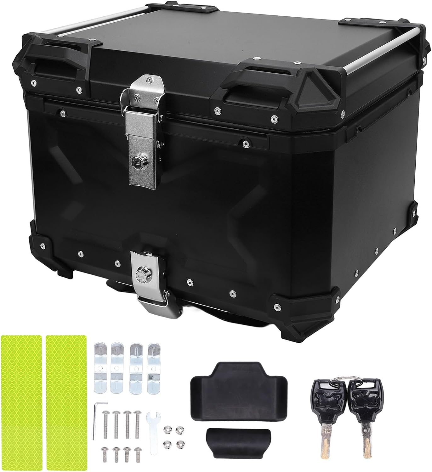 55L Motorcycle Top Case Tail Box, Water Proof Aluminum Alloy Quick Release Motorcycle Scooter Universal Storage Trunk with Safety Lock Reflective Sticker for Helmet Luggage (Silver)