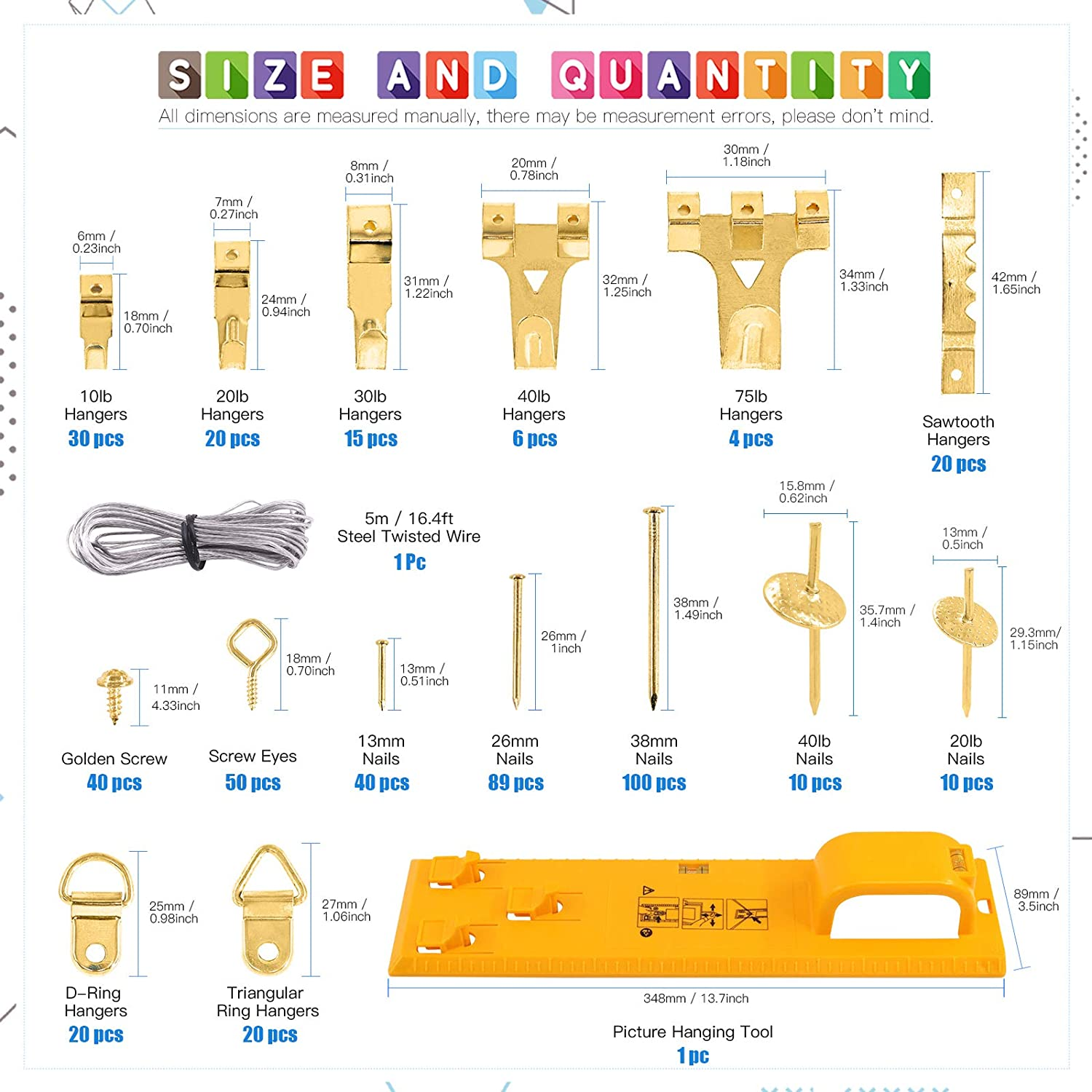 Glarks 307Pcs Picture Hanging Kit, Picture Frame Hanger Tool with Level Ruler and 306Pcs Nails, Hooks, Hanging Wire, Screw Eyes, D Ring and Sawtooth Hanger for Frame Hanging Wall Mounting