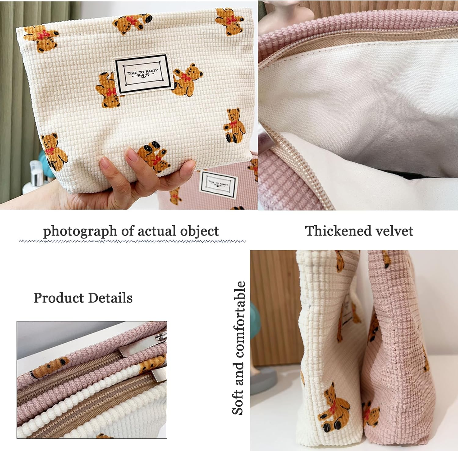 Gidary Cosmetic Bag Makeup Bag Preppy Cute Teddy Bear Corduroy Toiletry Bag for Women Travel Essentials (White-2) - White-1 image number 3
