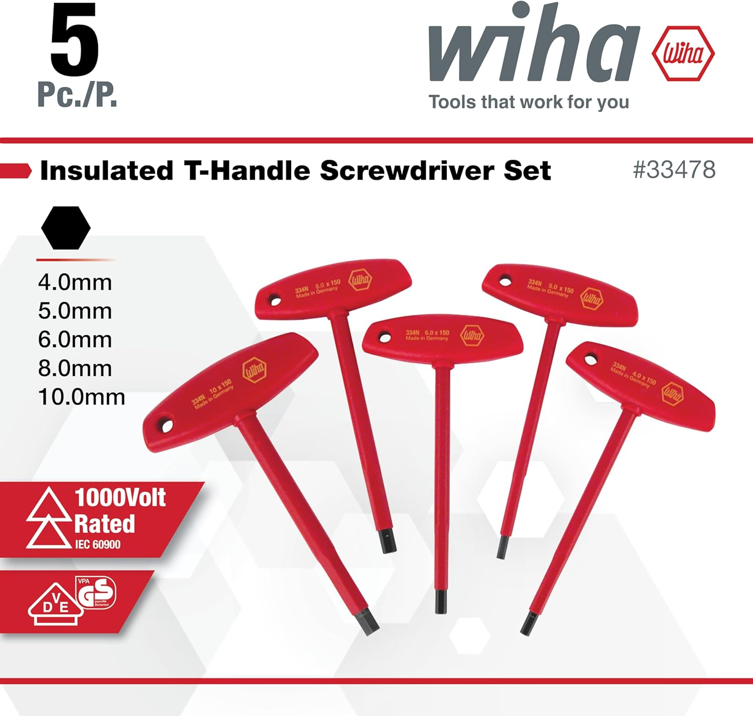 WIHA 33478 Insulated T-Handle Hex Metric Set with 4.0, 5.0, 6.0, 8.0 and 10.0Mm, 5-Piece