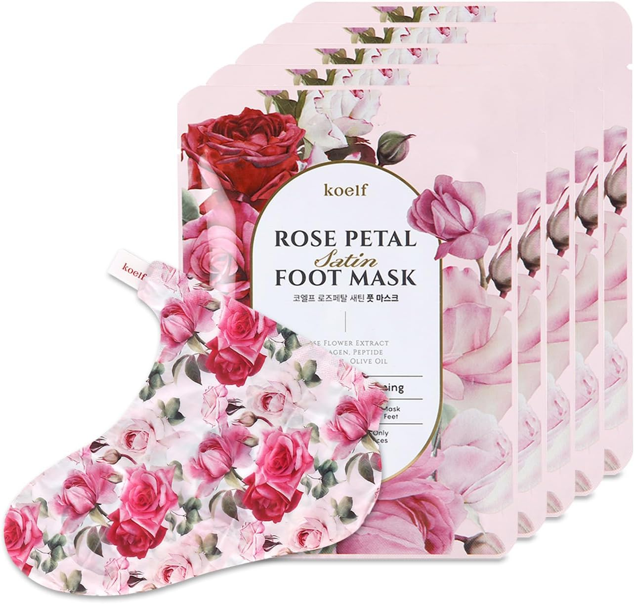 Koelf PETITFEE Rose Petal Satin Foot Mask (5Pairs) - Intensive Nourishing Socks, Rose Scented Foot Repair Masks with Peptide, Collagen, Shea Butter, Urea for Silky Smooth Feet, Foot Treatment, Body Mask image number 5