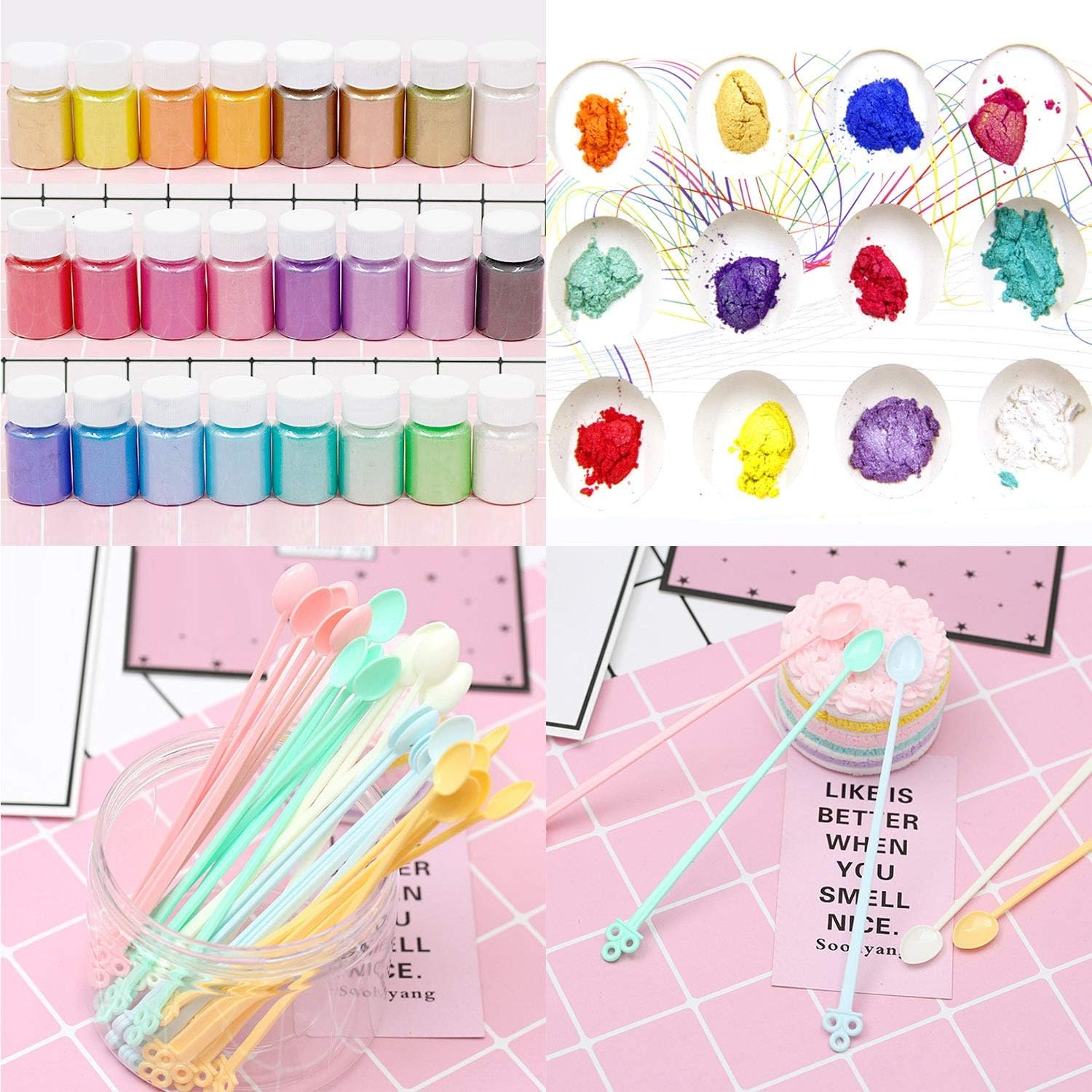 HAGNQINGHENG 24 Colors Colorant Pigments Mica Pearl Powder with 30Pcs Mini Spoon for Manual Nail Art Craft Projects Slime Bath Bomb Soap Making