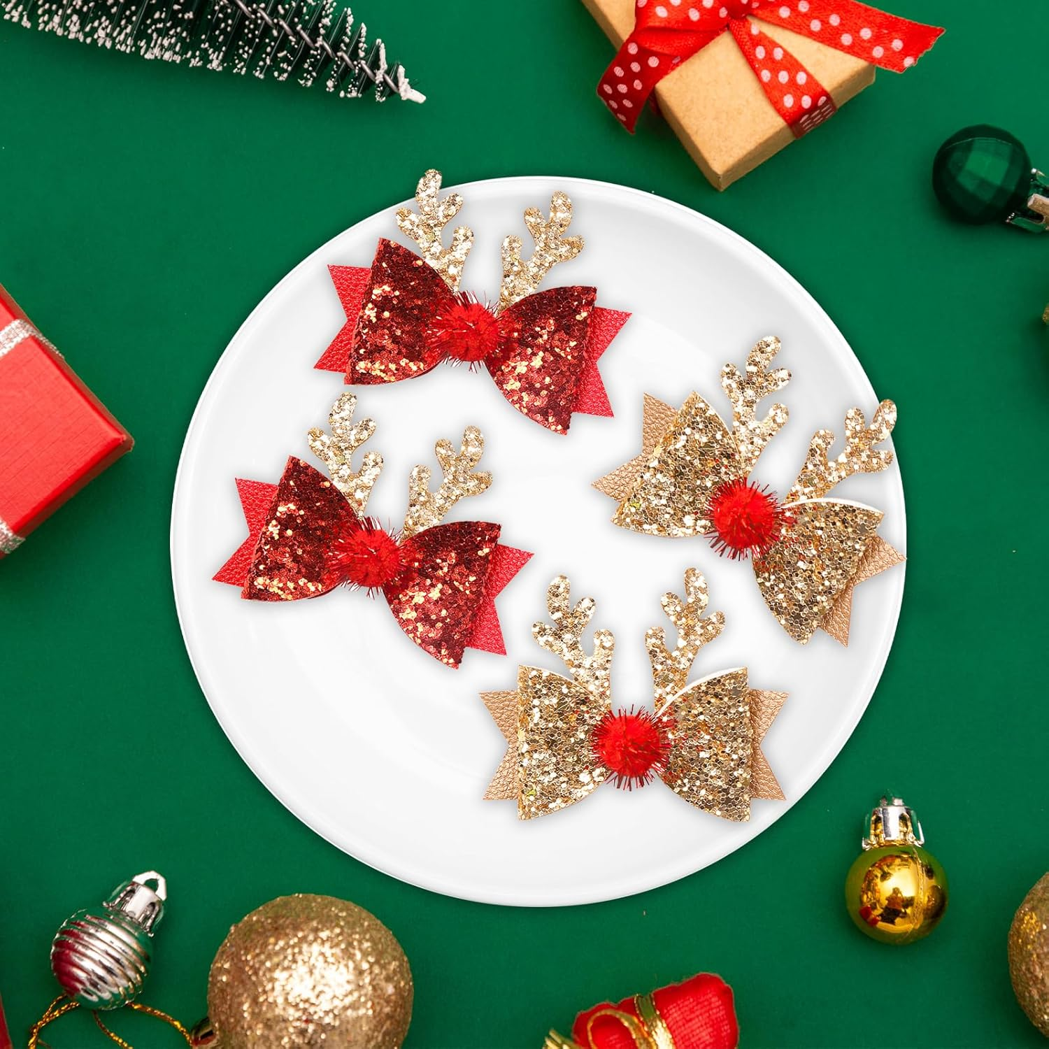 Pack of 4 Christmas Deer Hair Accessories Clips, Christmas Hair Accessories, Hair Clips, Christmas Decoration Hair Clip for Children, Girls, Women, Christmas Glitter Hair Clips, Bow Hair Pins image number 2