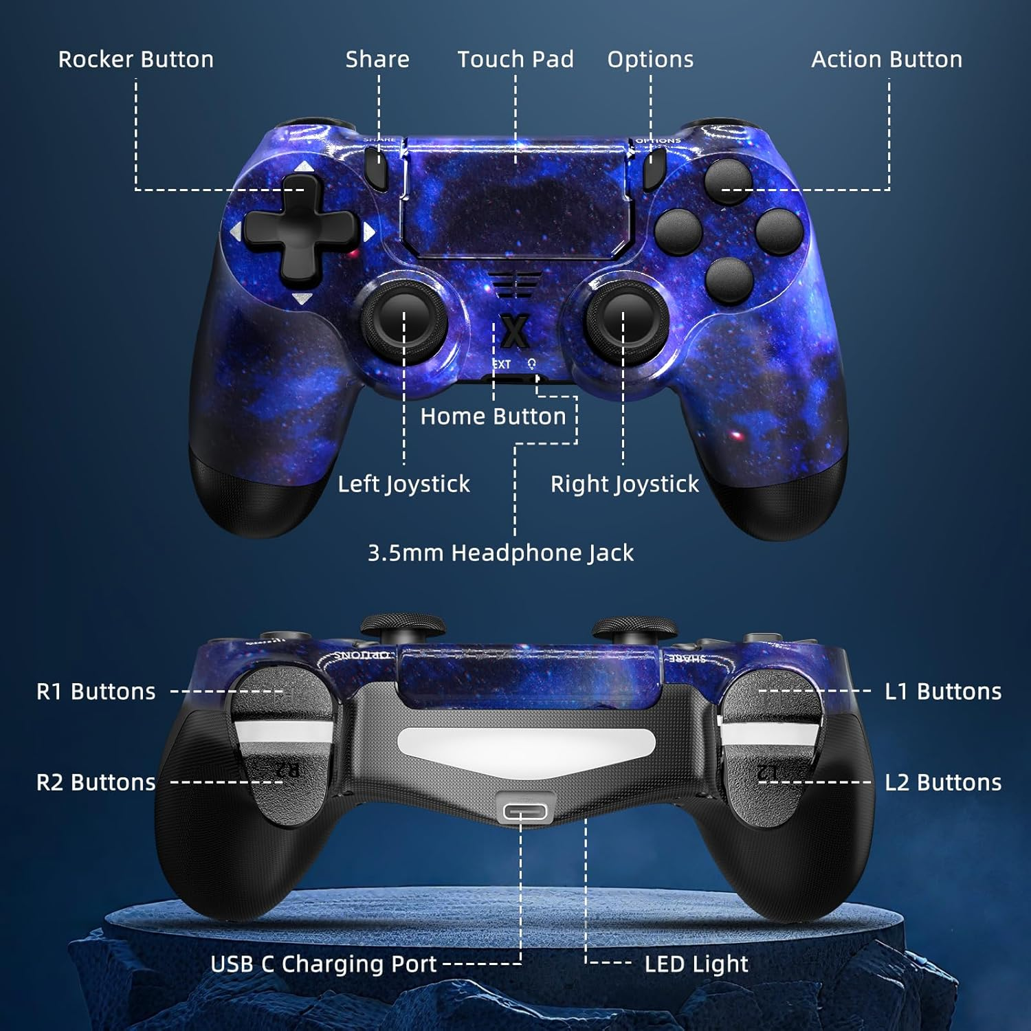 Glitfix Wireless Controller for PS-4, Controller Wireless for Ps-4/Pro/Slim/Pc, Bluetooth Gamepad Joystick with Dual Vibration Touch Panel 3.5Mm Audio Jack Six-Axis(Starsky Blue) image number 4