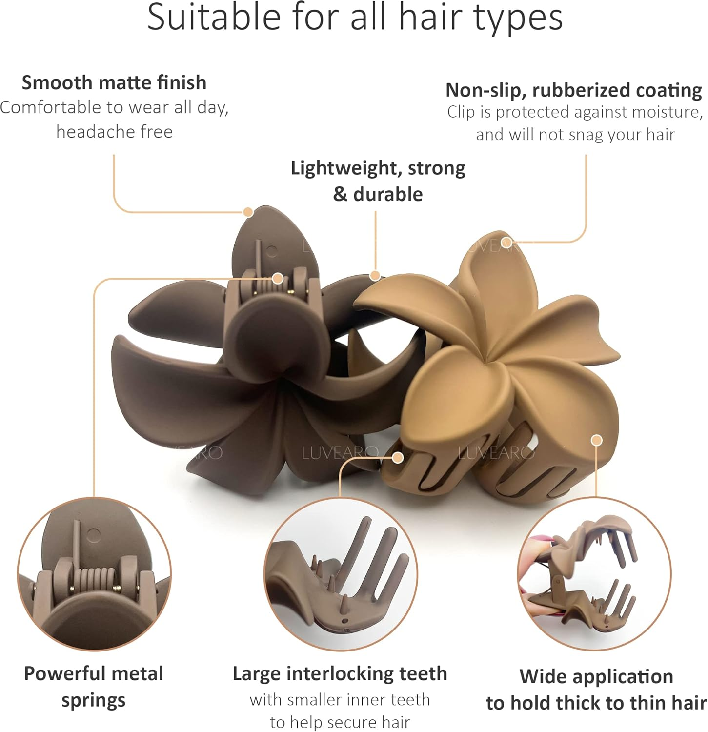 Luvearo 4Pc Nonslip Matte Flower Hair Clips for Women Thick/Thin Hair Accessories for Women Neutral Flower Cute Claw Clips Variety Pack Plumeria Hair Clip image number 1