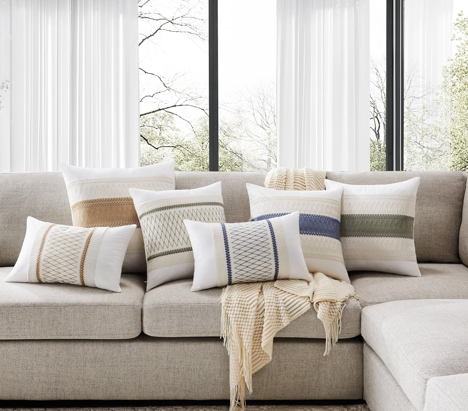 YZJZEDS Soft Cotton Boho Throw Pillow Covers Set of 2, Natural White/Contrast Blue 20X20 Inch, Blue Farmhouse Decorative Cushion Covers for Sofa Bed Living Room Home Decor image number 1