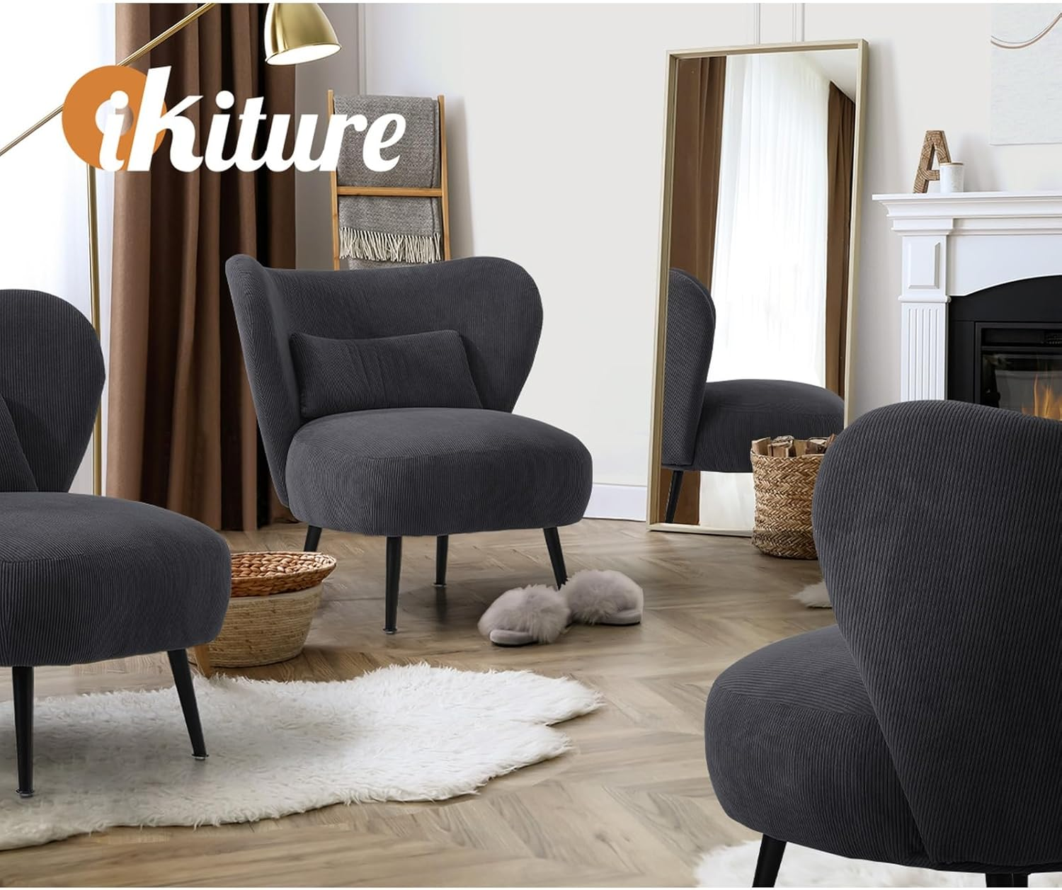 Oikiture Armchair with Lumbar Pillow and Wingback Velvet Lounge Sofa Accent Chair Charocal - A8-Charcoal image number 1