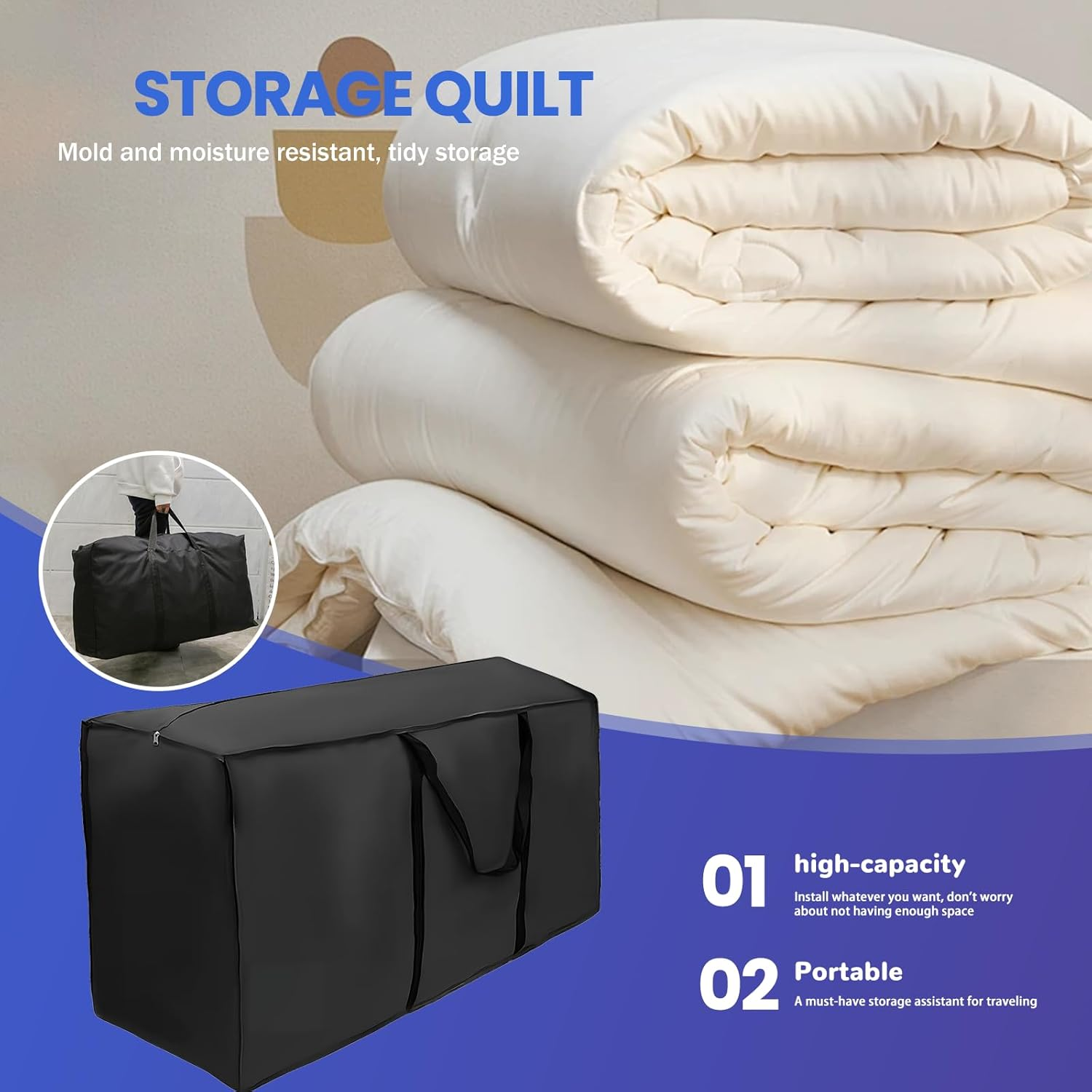 2 Pack Patio Cushion Storage Bag 116&times;47&times;51 Waterproof,Oxford Fabric Large Capacity Rectangle Outdoor Storage for Furniture Pads,Patio Seats Christmas Trees Black Garden Storage Bag image number 1