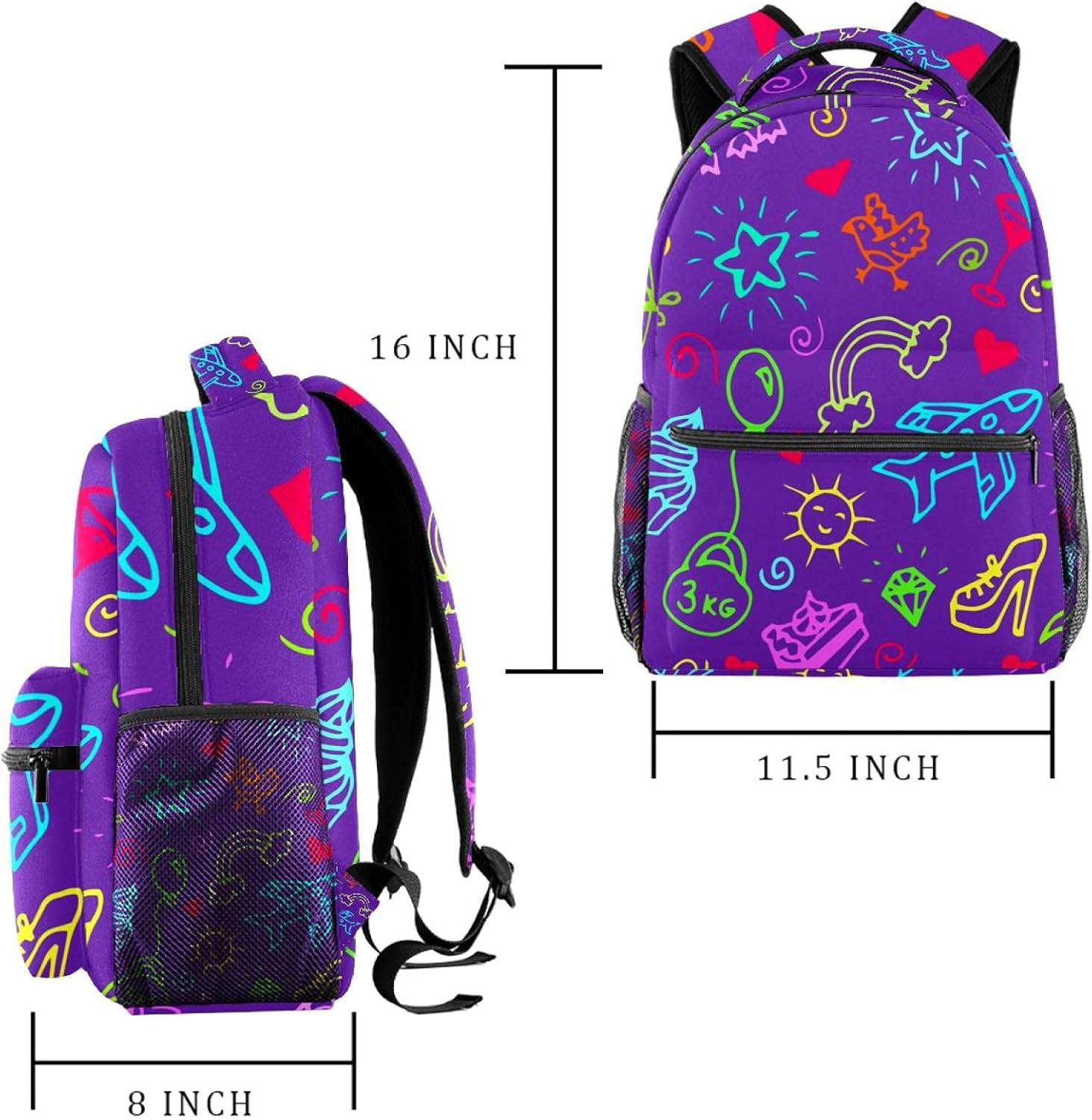 Illustration of Flowers Cakes Hearts Airplane Stars Backpack Students Shoulder Bags Travel Bag College School Tote Backpacks image number 1