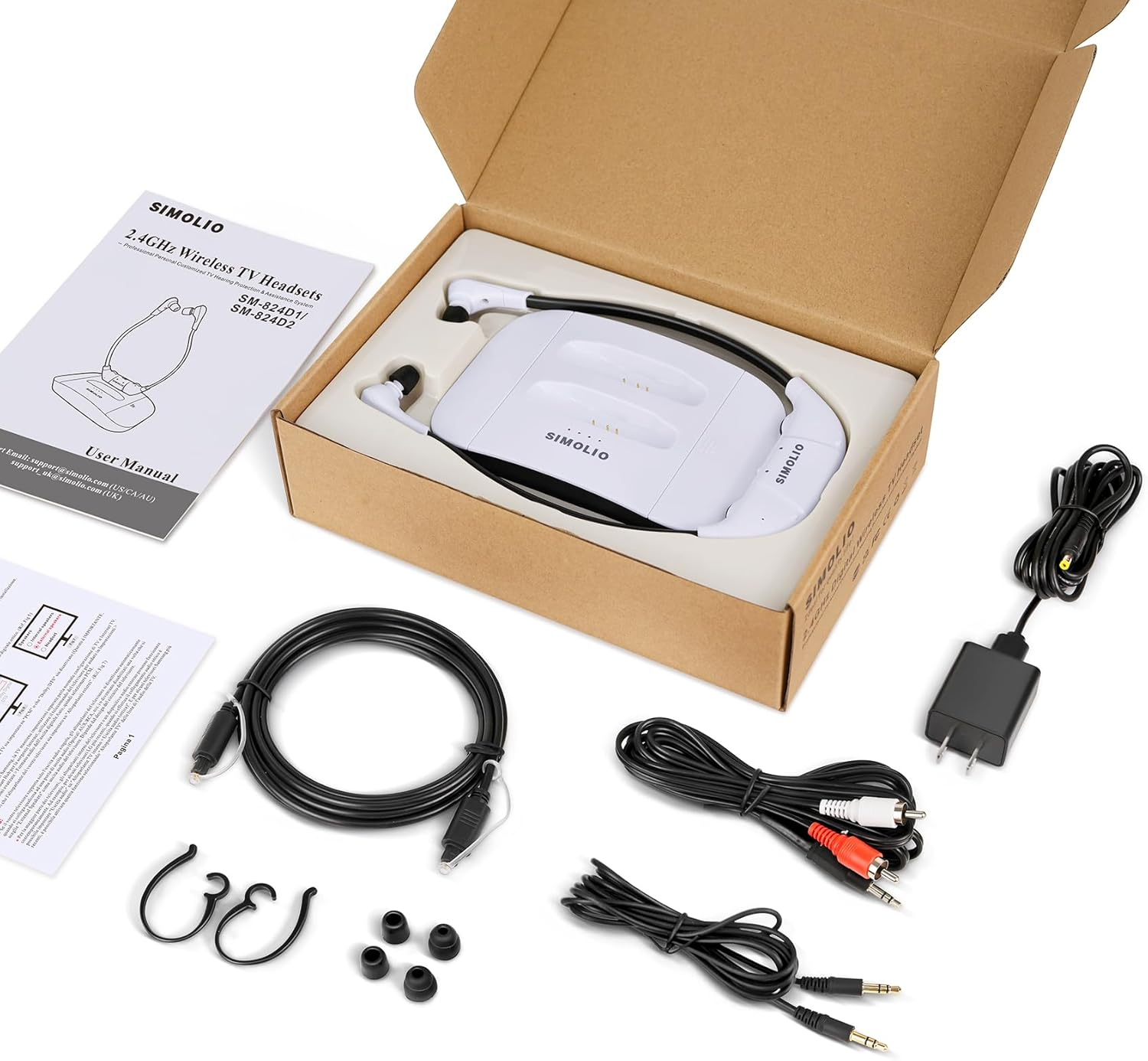 SIMOLIO TV Headphones Wireless for Seniors with Hearing Impairment, 2.4Ghz Delay-Free In-Ear TV Headphones, Opt/Rca/3.5 Mm Compatible, Balance Control, Stereo/Mono, Replacement Battery image number 1