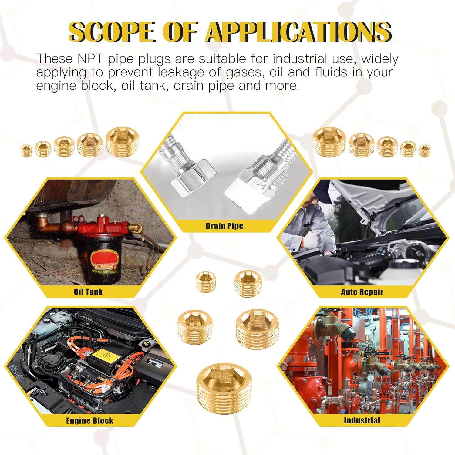 16Pcs 5 Sizes Brass NPT Plug Assortment Kit, 1/8" 1/4" 3/8" 1/2" 3/4" Internal Hex Counter Sunk Pipe Fitting Male Thread Pipe Plug Set image number 5