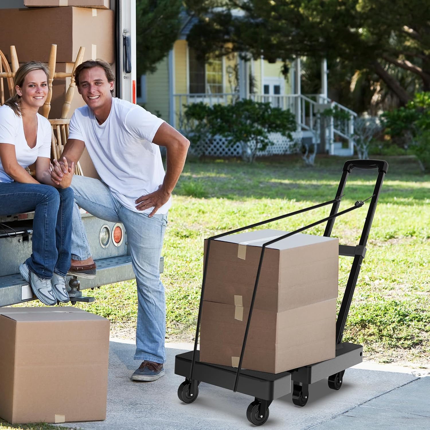 SOLEJAZZ Folding Hand Truck Portable Dolly for Moving, 500LB Luggage Cart Dolly with 6 Wheels & 2 Bungee Cords for Travel, Moving, Shopping Use, Black image number 5