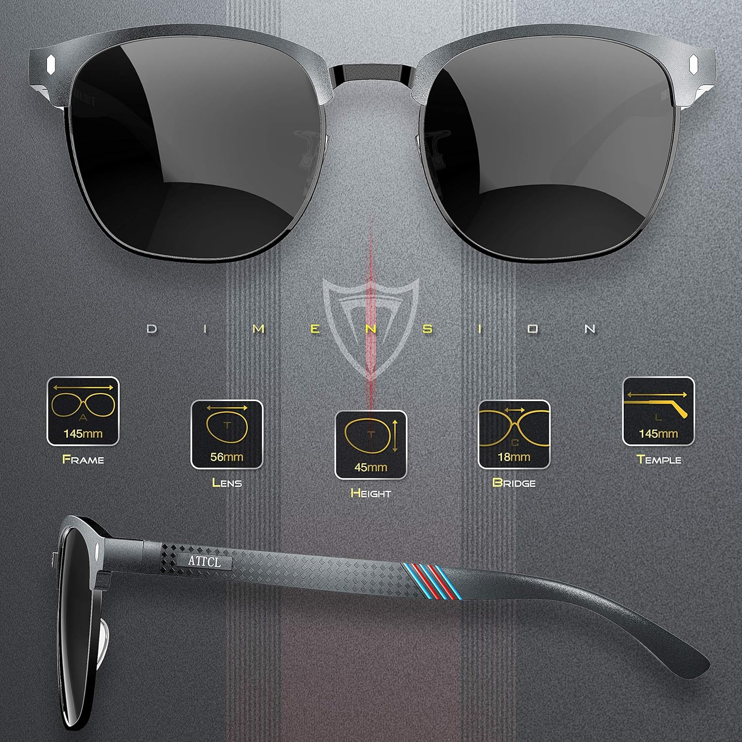 ATTCL Polarized Sunglasses for Men Driving: Lightweight Al-Mg Metal Frame Square Semi Rimless UV Protection for Travel Hiking