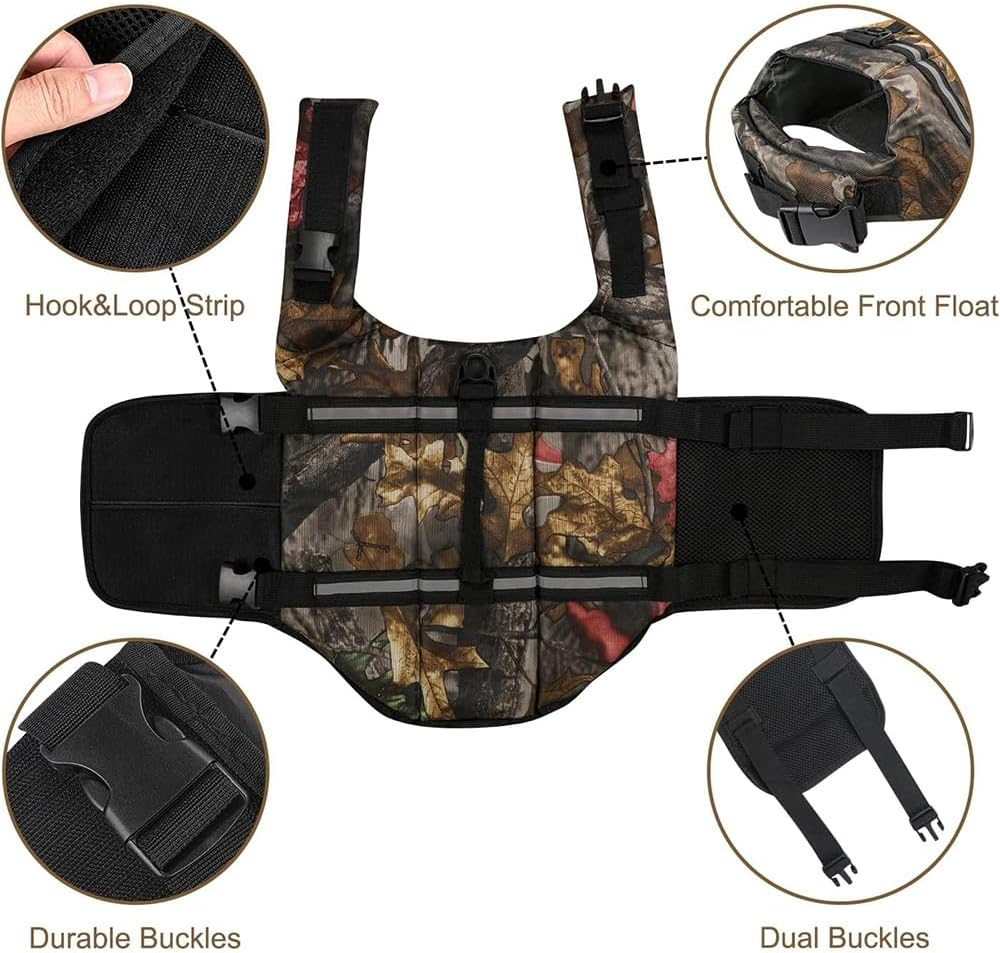 Dog Life Jacket, Camouflage Pet Life Vest with Adjustable Buckles, High Flotation Camo Dog Life Preserver Jacket, Lift Handle Ripstop Lightweight Dog Swimsuits for Small and Medium Breeds image number 6