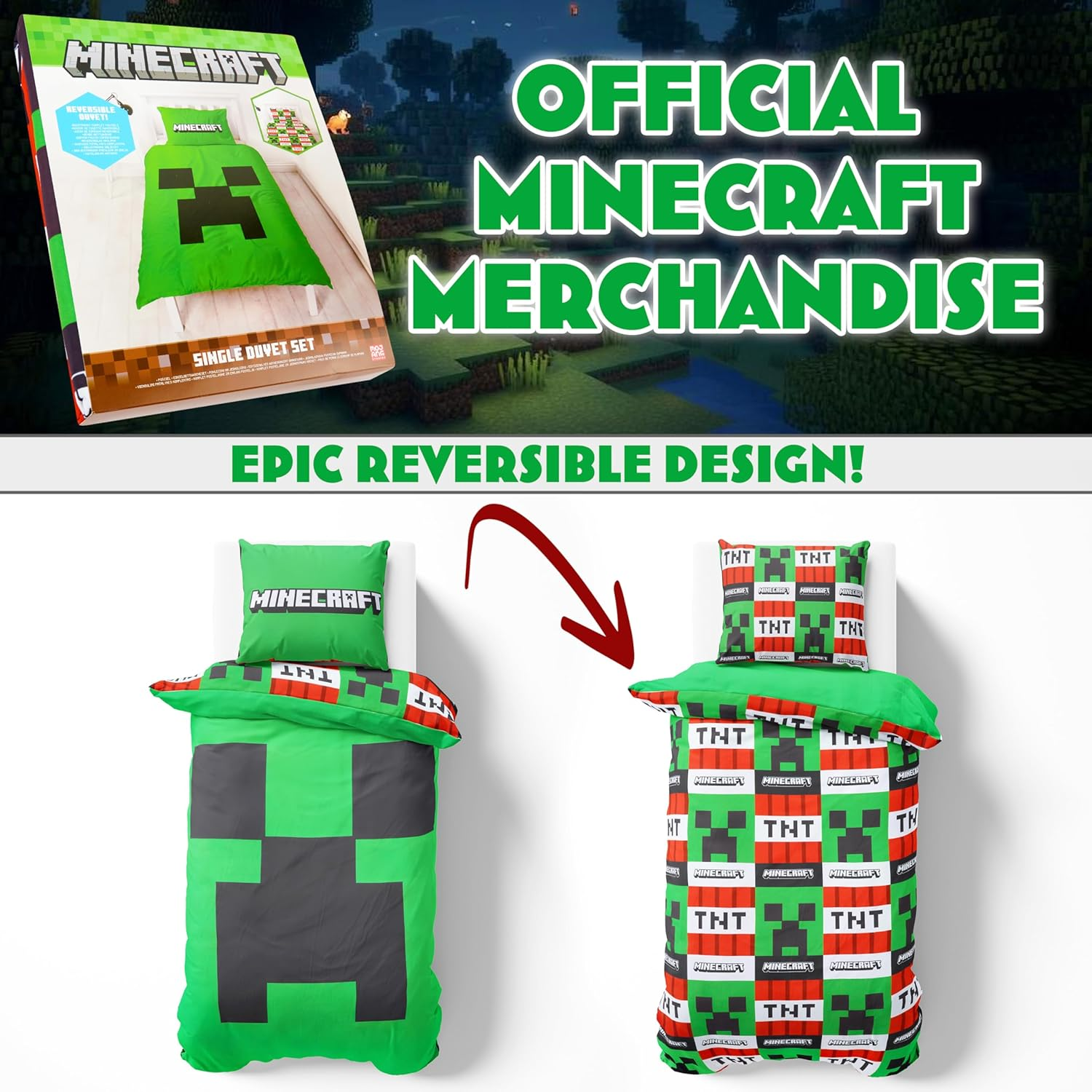 Get Trend Minecraft Single Duvet Cover Set Kids & Teens, Reversible Bedding & Pillowcase for Boys & Girls, Bedroom Accessories, Anime Gifts for Boys (Green Minecraft, Single) image number 3