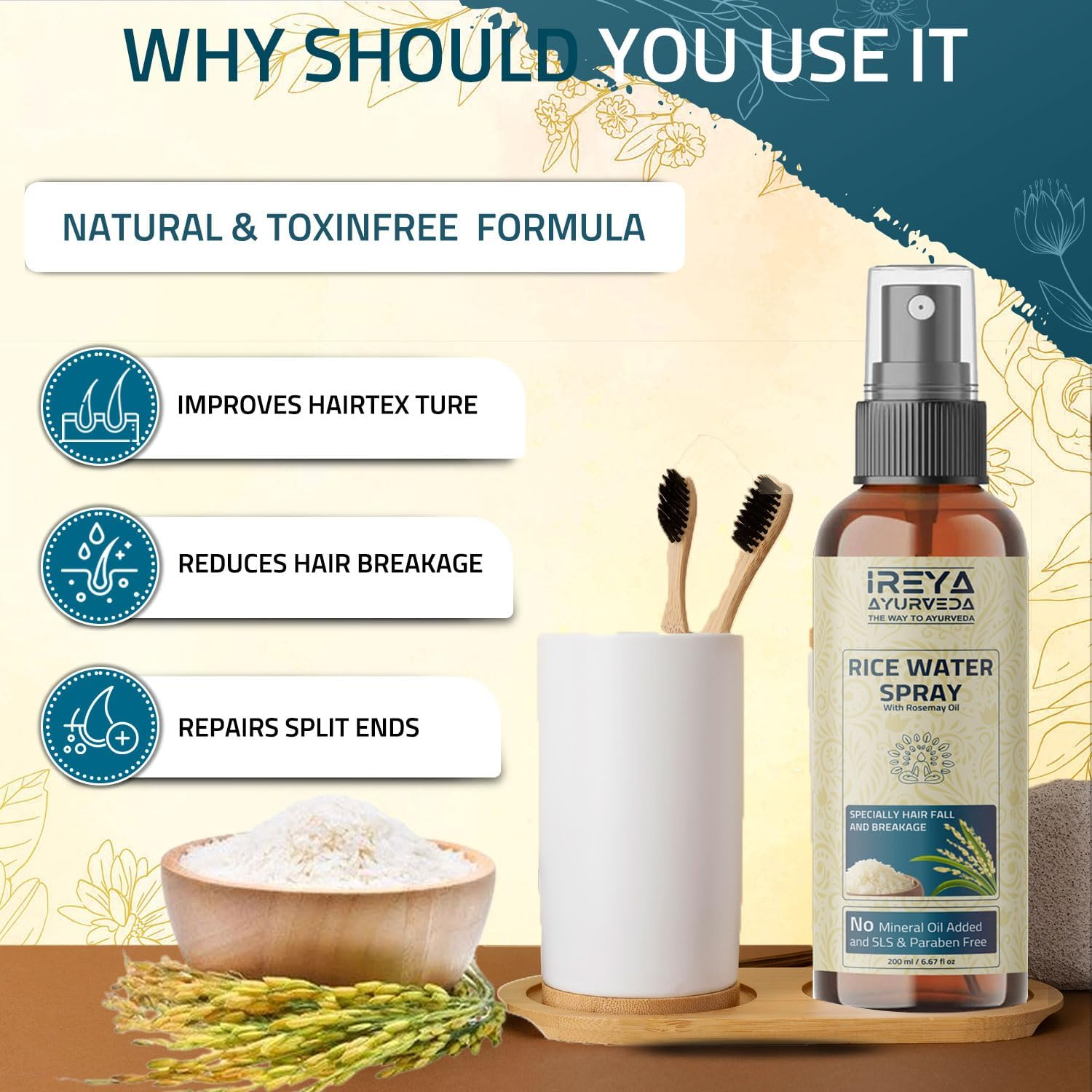 Ireya Ayurveda Rice Water Spray with Rosemary and Aloevera Extract Rice Water Toner for Hair Growth,Women Men 200 Ml Pack of 1 Multicolor