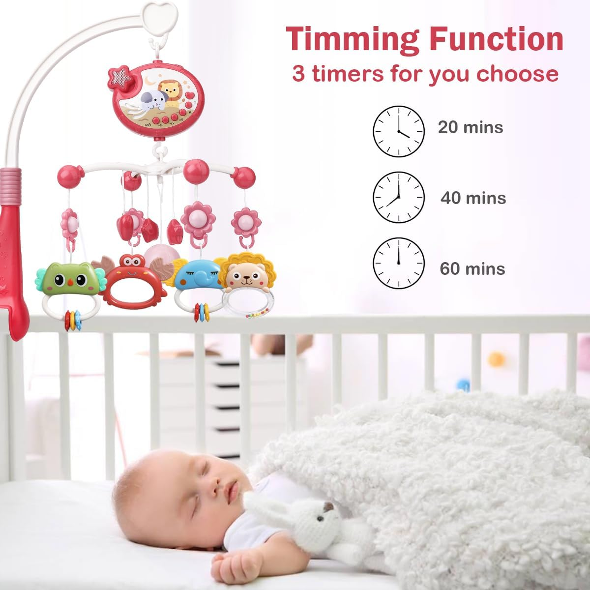 Baby Crib Mobile with Remote Control, Star Projector Timing Function, Musical Mobile for Bed with Light and Melodies, Hanging Rotating Rattles Toys for Newborns(Red)