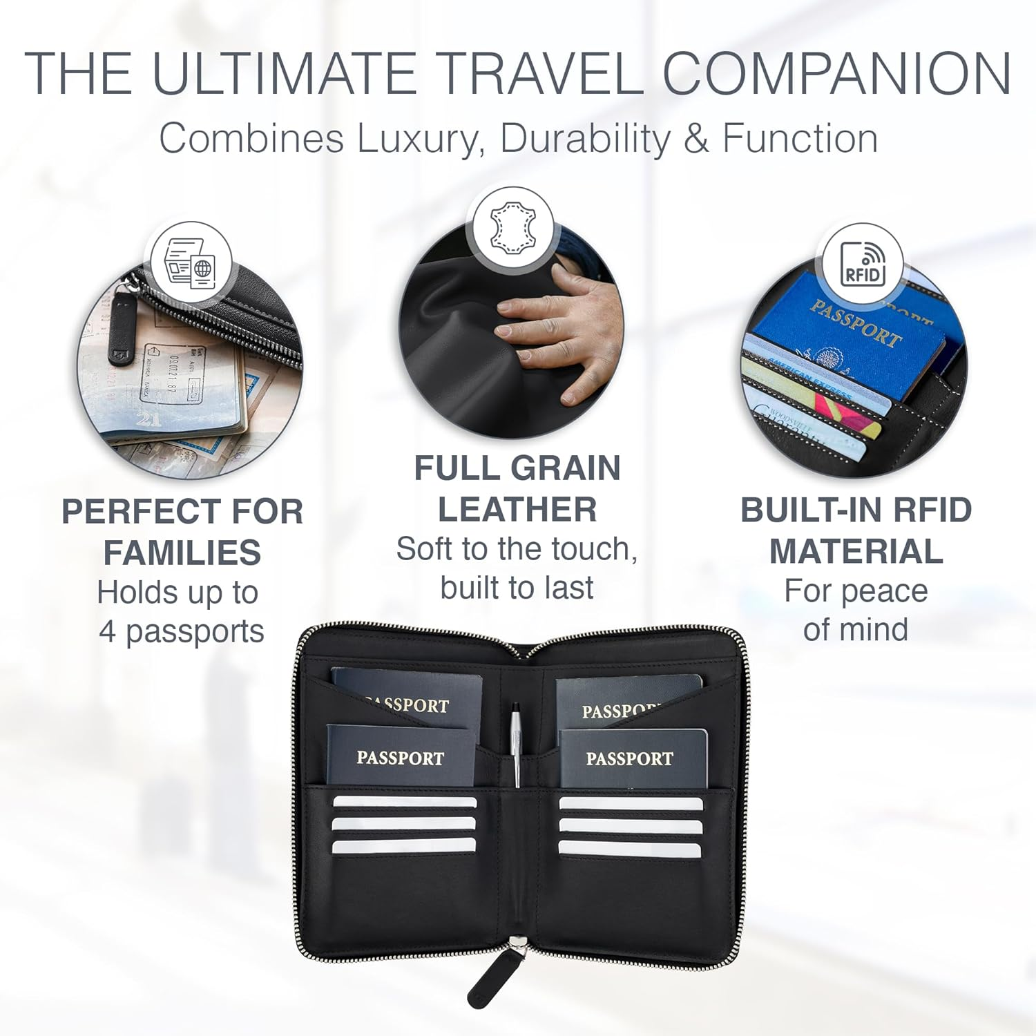 Full Grain Leather Family Passport Holder for 2-4 Passports - RFID Passport Holder and Travel Document Organizer - Large Leather Travel Wallet for Couples and Families, Black, Full Grain Leather image number 4