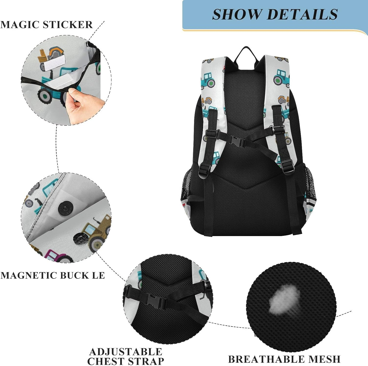 RPLIFE Colorful Tractors Gray Kid Bookbag 17 Inch Backpack for Elementary School, Colorful Tractors Gray, One Size, Traditional Backpacks