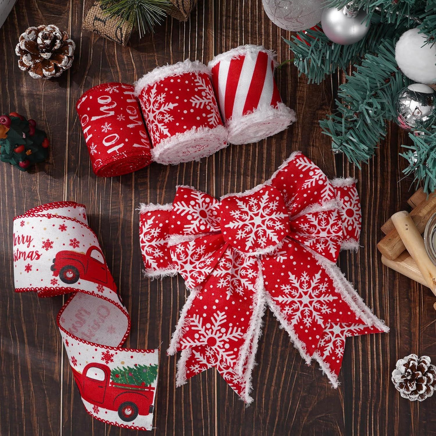 Anydesign 24 Yards Christmas Wired Edge Ribbon Red White Xmas Snowflake Truck Fabric Craft Ribbon for Wreath Bow Making Gift Wrapping, 4 Roll image number 5