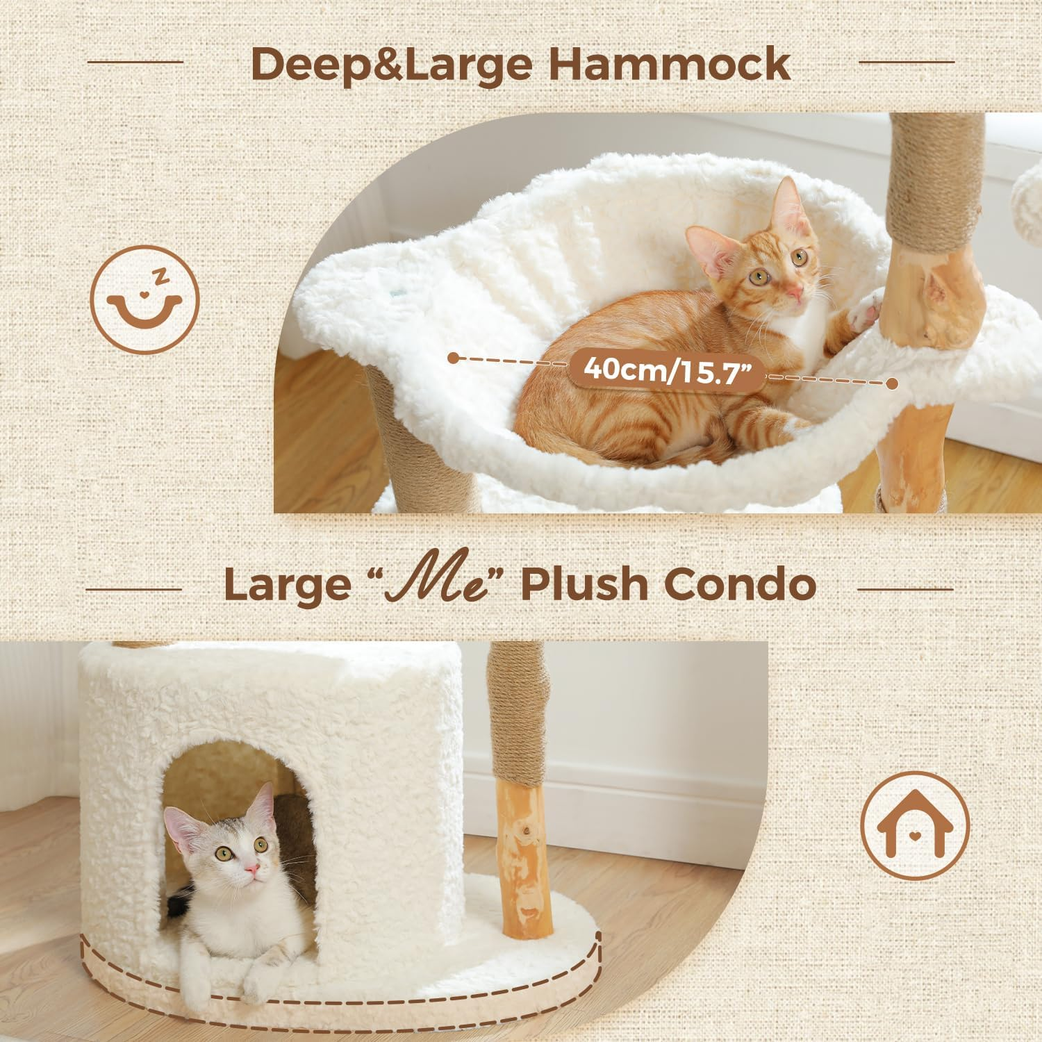 PAWZ Road Modern Cat Tree, Real Wood Cat Tower for Indoor Large Cats, Luxury Cat Furniture with Large Cozy Hammock(Dia=40Cm),Spacious Cat Condo,Baskets Perch and Dangling Ball White image number 1