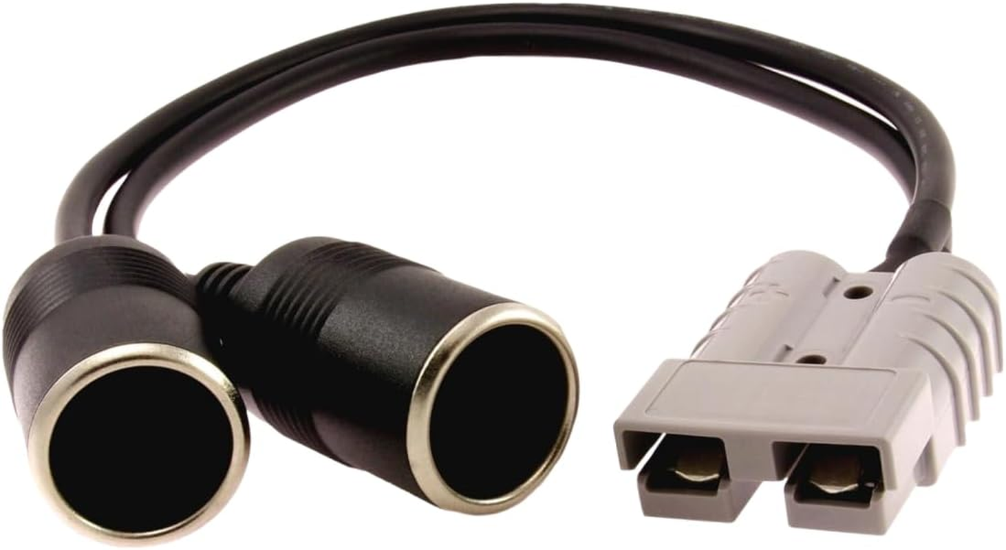 12V Dual Cigarette Female Socket to Anderson Cable 35CM, 14AWG Cig Extension Wiring Kit with 50A Anderson Style Connector, for In-Car Small Appliances up to 250W Caravan Camping Black
