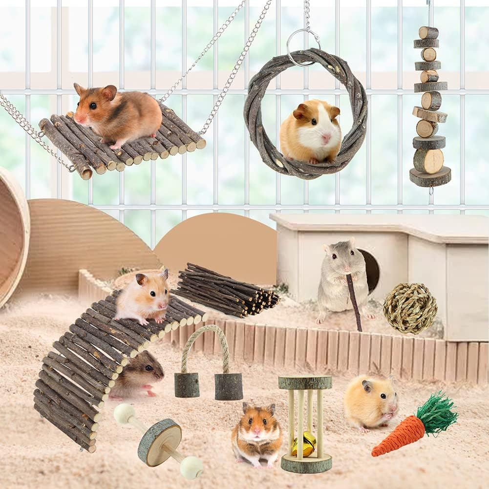 Hamster Toys Rat Toys Chinchilla Toys Hamster Chew Toys Cage Accessories Apple Wood Sticks Ladder Bell Roller for Gerbil Guinea Pigs and Other Small Animal image number 2