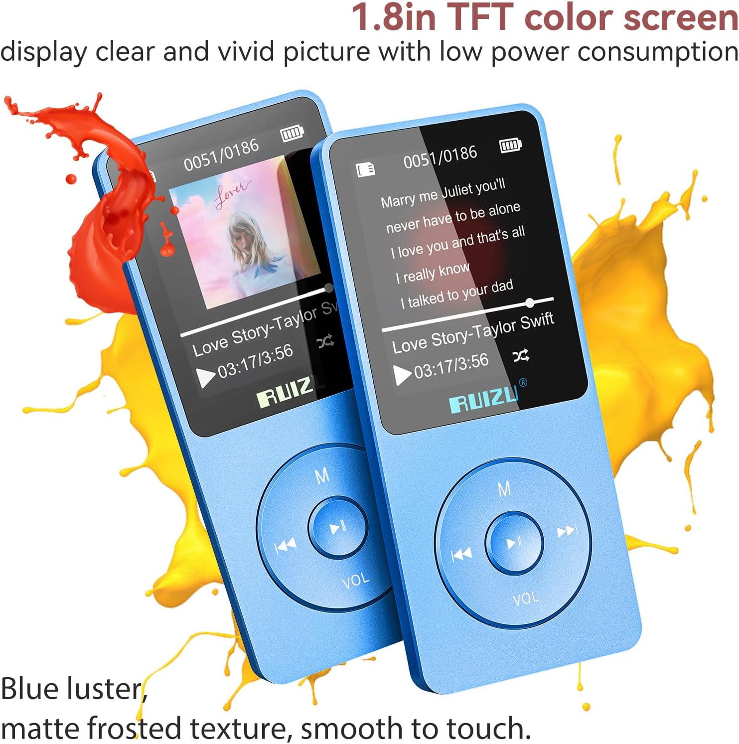 RUIZU 64GB MP3 Player with Bluetooth 5.3, 1.8 Inch Screen, 30Gram, Portable Music Player for Sports Running, FM Radio, Voice Recorder, Digital Audio Shuffle Playback, Support 128GB Micro SD Card, Blue image number 5