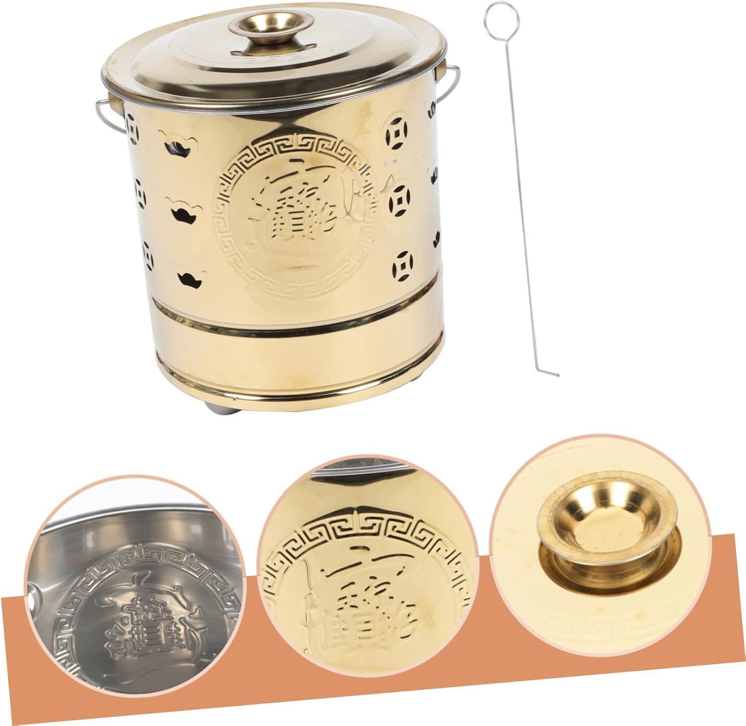 Yardwe Portable Burn Money Barrel Incinerator Bucket with Fire Hook Stainless Steel Paper Money Burner for Home Sacrifice Rituals Hollow Design for Faster Ventilation and Heat Insulation image number 5