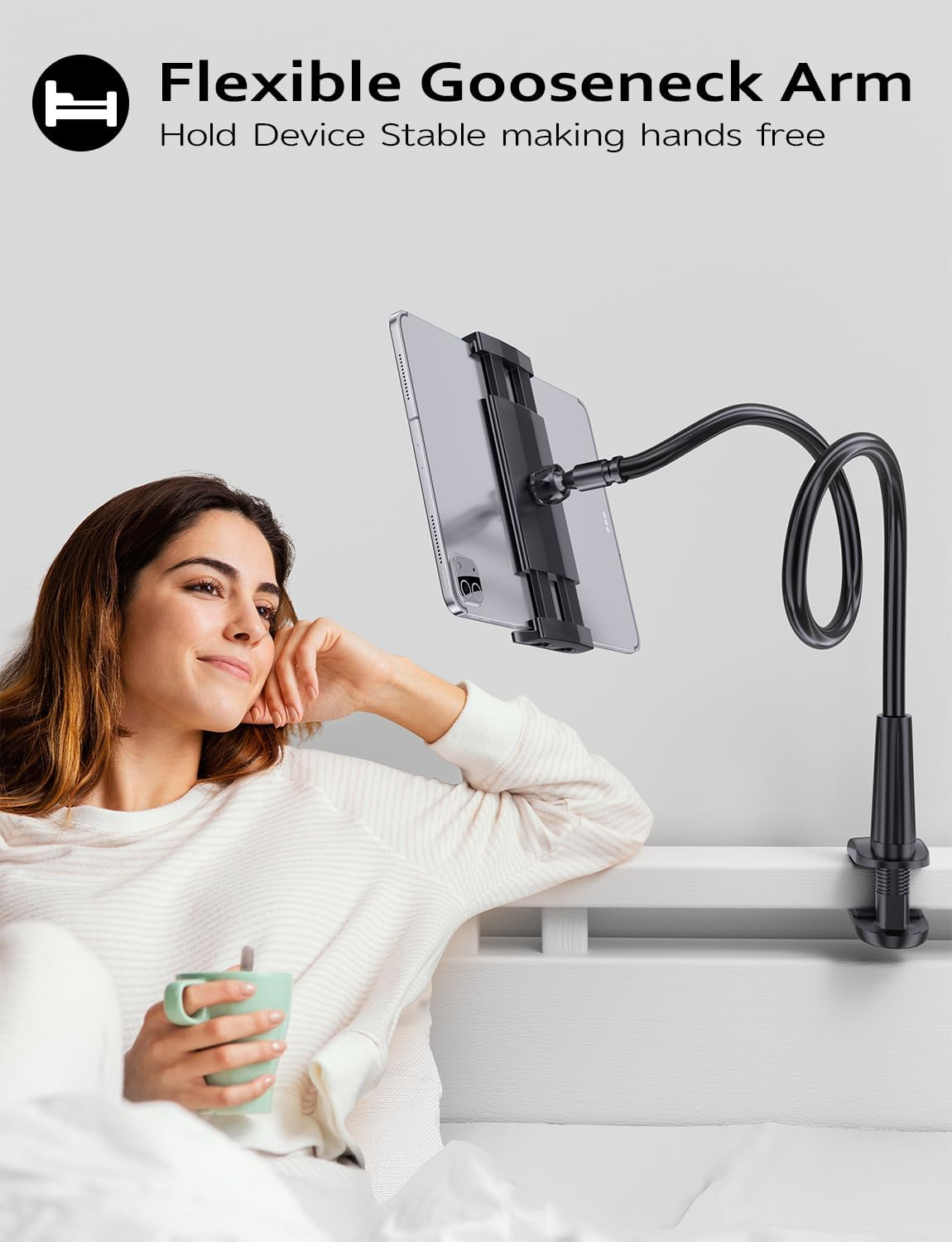 Gooseneck Tablet Holder Stand for Bed: Tryone Adjustable Flexible Arm Tablets Mount Clamp on Table Compatible with Ipad Air Mini | Galaxy Tabs | Kindle Fire | Switch or Other 4.7-10.5" Devices(Black) - White image number 5