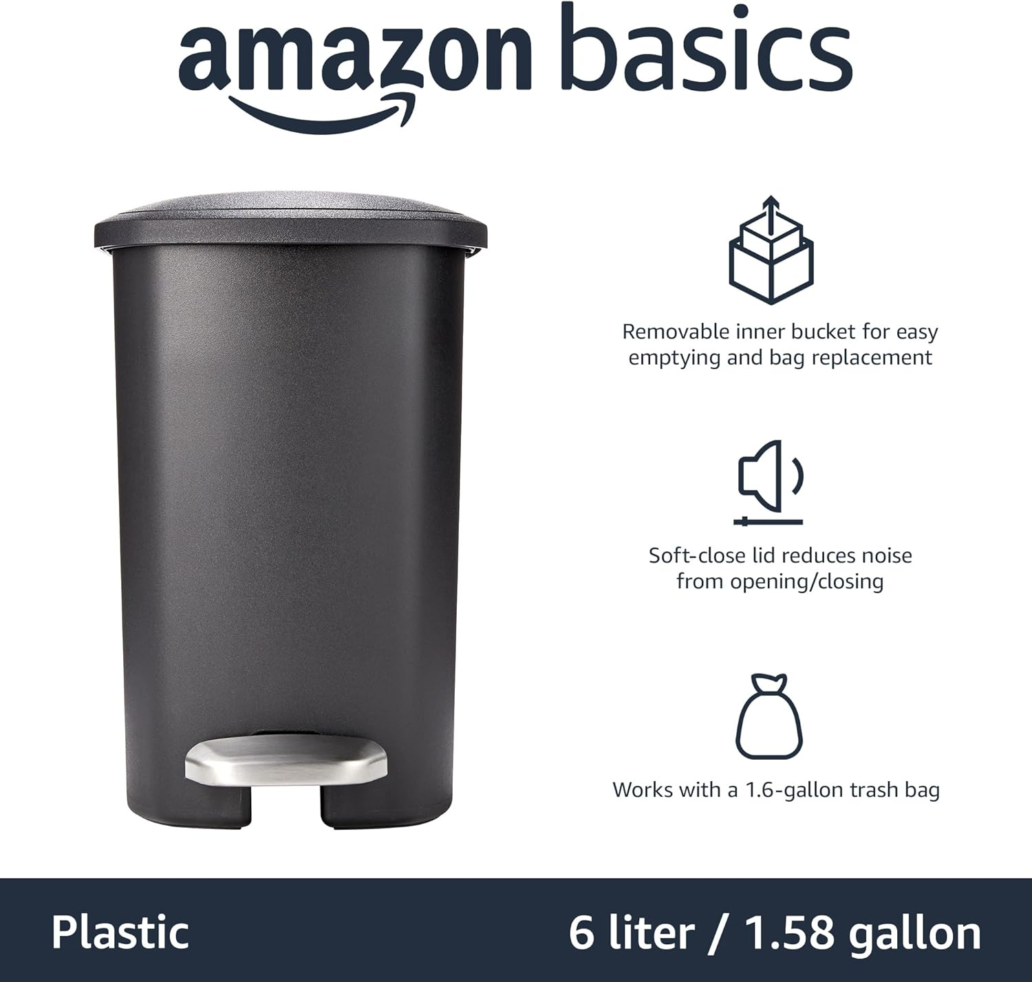 Amazon Basics Compact Bathroom Small Plastic Rectangular Trash Can with Removable Inner Bucket, Steel Foot Pedal for Hands Free Opening, Black, 6 Liters