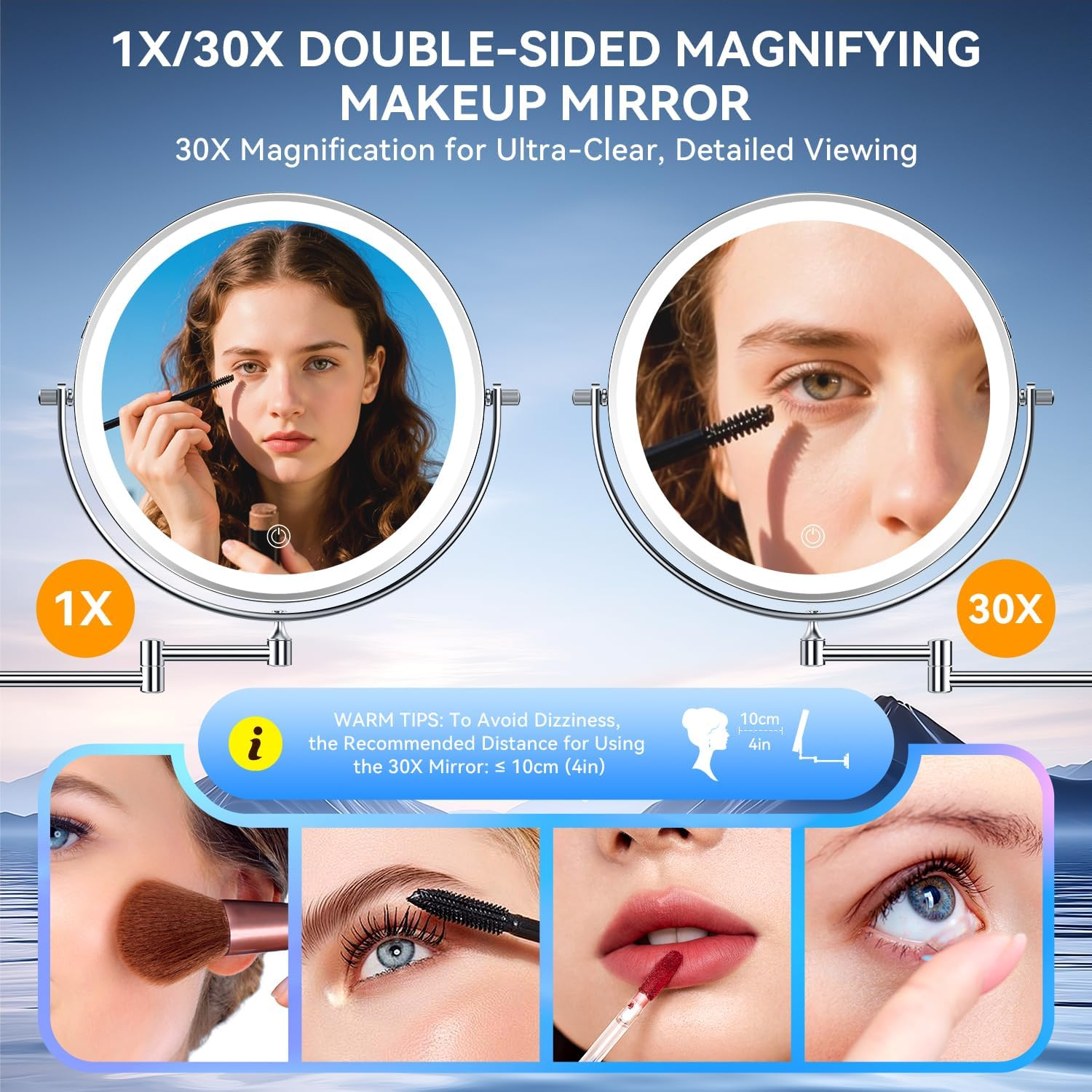 Auxmir Make-Up Mirror with Light, 1X/30X Rechargeable Make-Up Mirror Shaving Mirror Wall Mount, 5000 Mah Double-Sided Magnifying Mirror with 3 Light Colours, Touch Screen image number 5