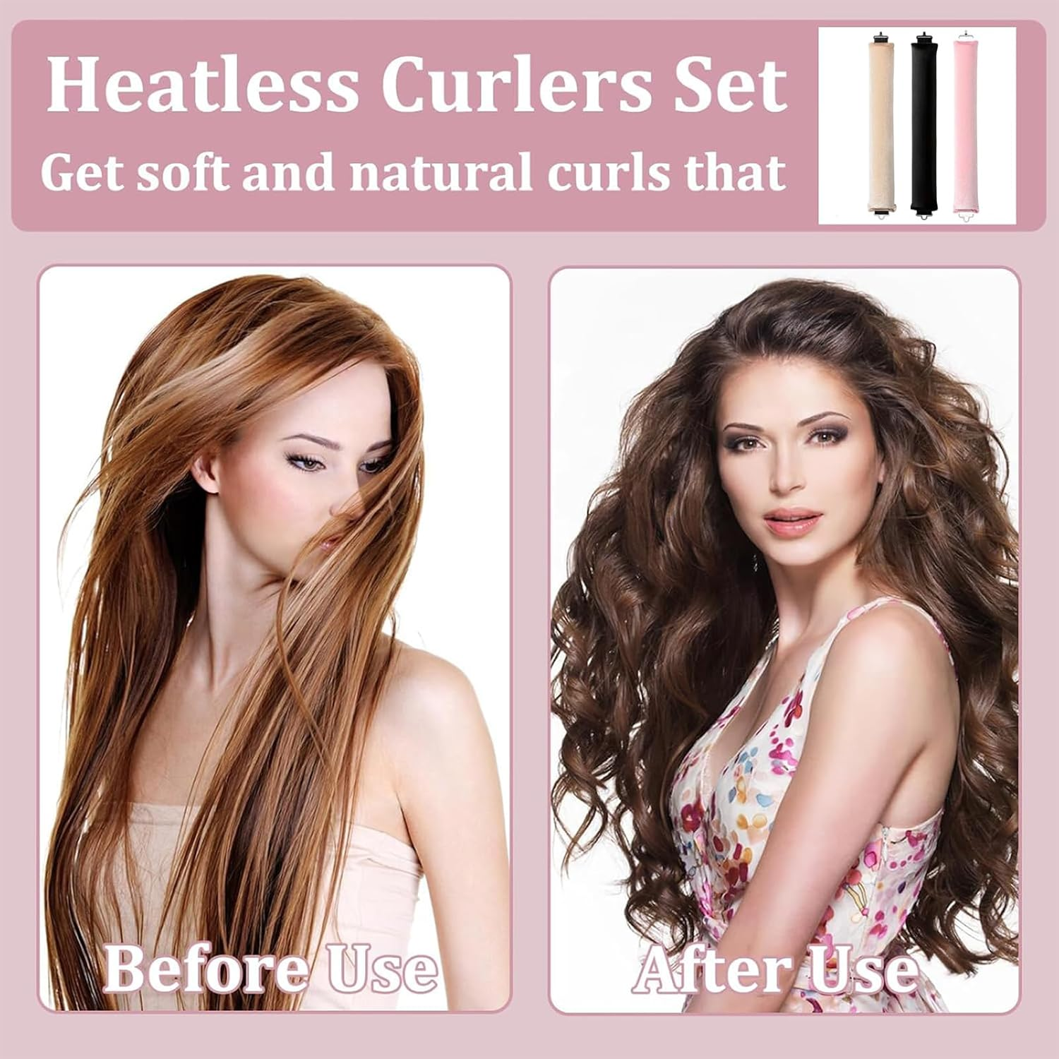 3Pcs Heatless Curl Rods, Heatless Hair Curler for Overnight Curls, No Heat Hair Rollers with Soft Velvet Material, Suitable for Long Short Hair (Black, Pink, Khaki)