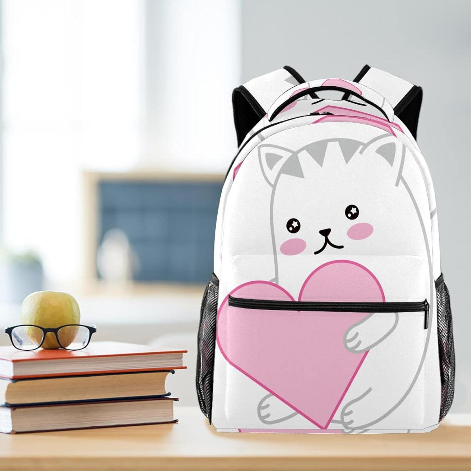 Cat Expressions with Heart Illustrations Backpack Students Shoulder Bags Travel Bag College School Tote Backpacks image number 5