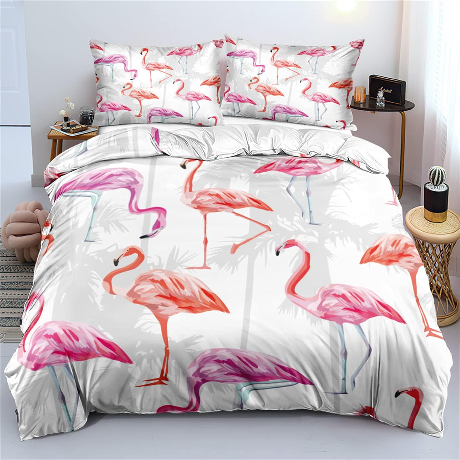 NINGMCE Elegant Flamingo Duvet Cover Romantic Scandinavian-Inspired Theme Pattern Bedding for Kids & Teens Soft Microfiber Quilt Cover Single/Double/King (3/4 PCS) (C,Queen-3Pcs) image number 4