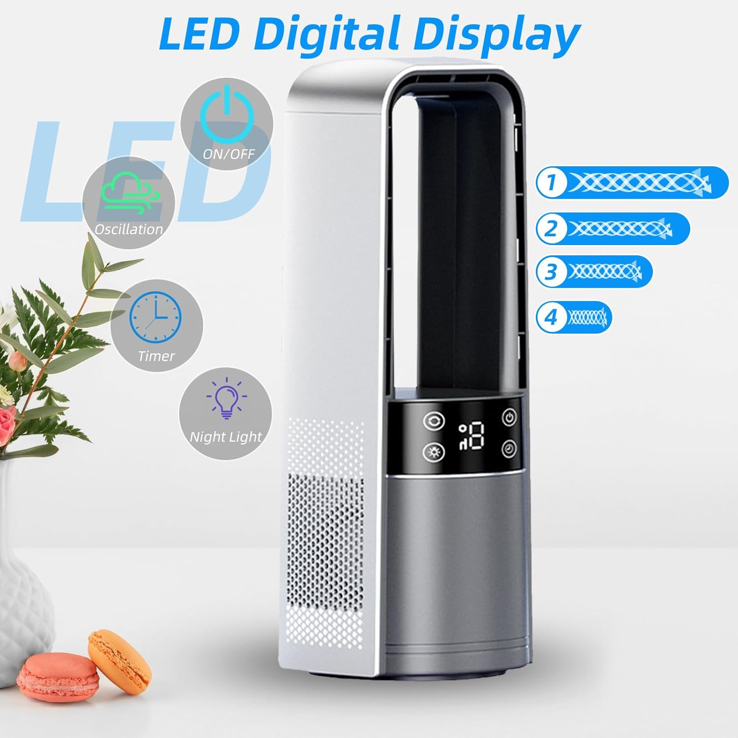 Desk Fan Bladeless, 120&deg; Oscillating Fan Rechargeable, Quiet Fan with Night Light, Smart LED Touch Control, 4 Speed & 9H Timer, Small Table Fan, Auto Display Off, Ideal for Bedside, Office, Study Room image number 1