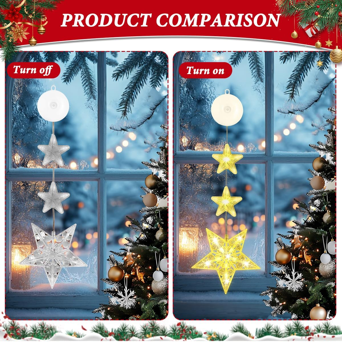 LGZIN Christmas Lights Window Indoor, Pack of 3 LED Stars Christmas Lights, Christmas Decoration Window Indoor Fairy Lights with Suction Cup, Christmas Decoration Window Illuminated Warm White For image number 1