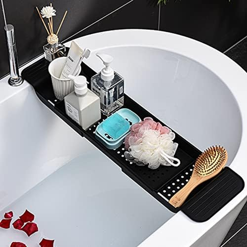 Expandable Drain Bath Shelf Caddy Tray,Clear Plastic Anti-Slip Bath Tub Shelf Caddy Tray,Multifunctional Plastic Bathtub Tray Bathtub Storage Rack for Candle Towel, Book, Wine, Phone, Shower (Black) image number 3