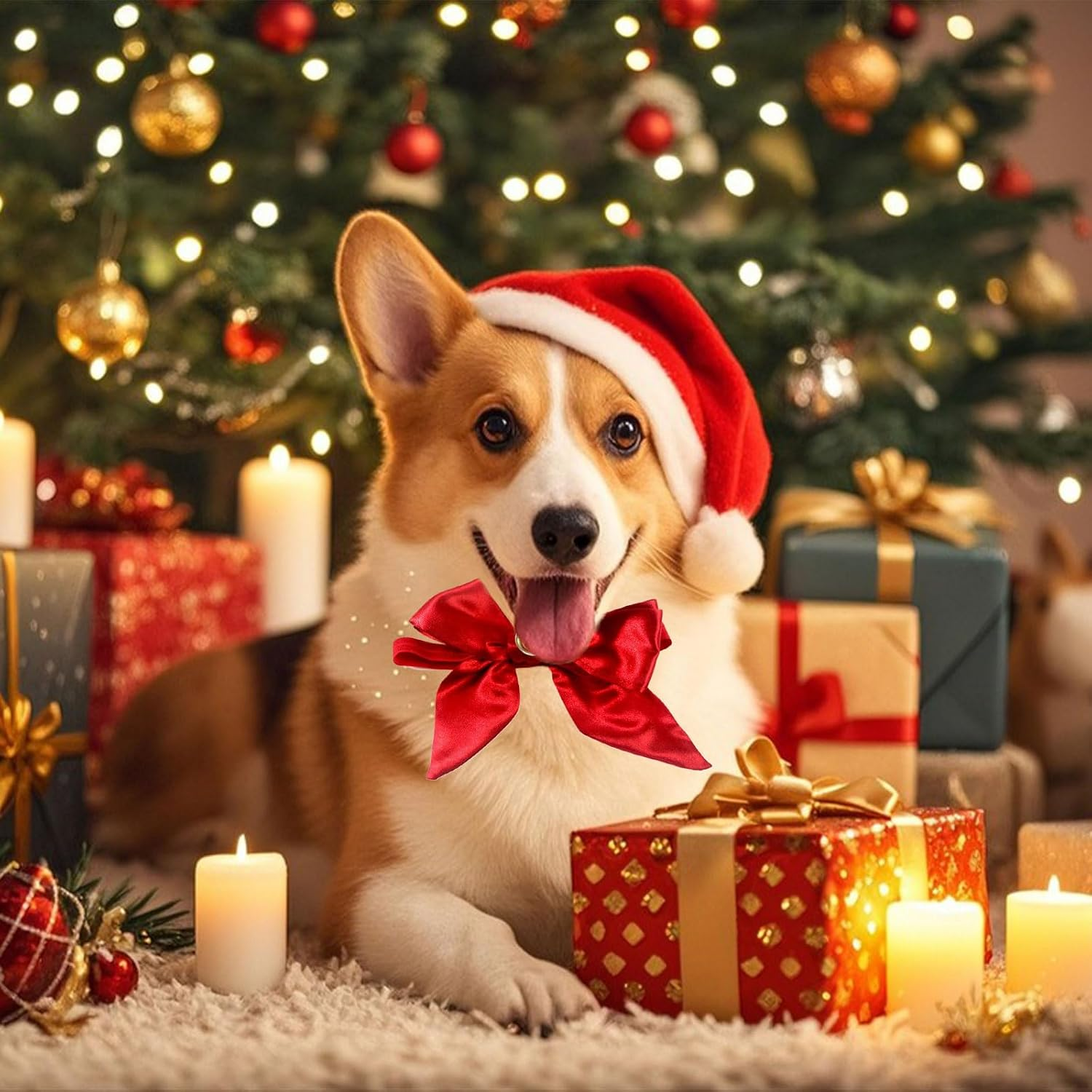 Pack of 2 Christmas Dog Costume, Cat Costume, Christmas Hats for Cats, Christmas Pet Collar, Dogs Cats, Christmas Hats and Bow Tie Collar, for Pets, Red image number 2