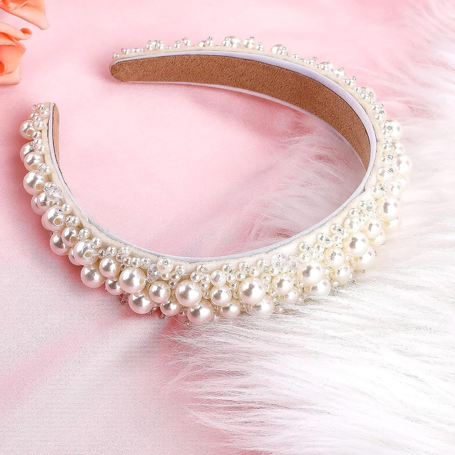 Women'S Pearl Headband, White Pearl Headband Dirndl, Wide Elegant Braided Headband Glitter, Hair Hoop Women'S Velvet Bridal Hair Bands Hair Accessories Wedding Hairstyles Accessories