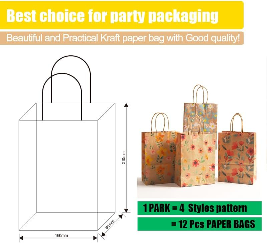 12.6''Large Kraft Gift Bags, 12Pcs Geeric Party Bag Printing Flower, Gift Wrapping Bags with Handles, Candy Treat Bag, Paper Bags Bulk for Wedding,Thanksgiving Day, Flower Pattern Party Supplies (4 STYLES FLOWERS&times;3 15&times;21&times;8Cm)