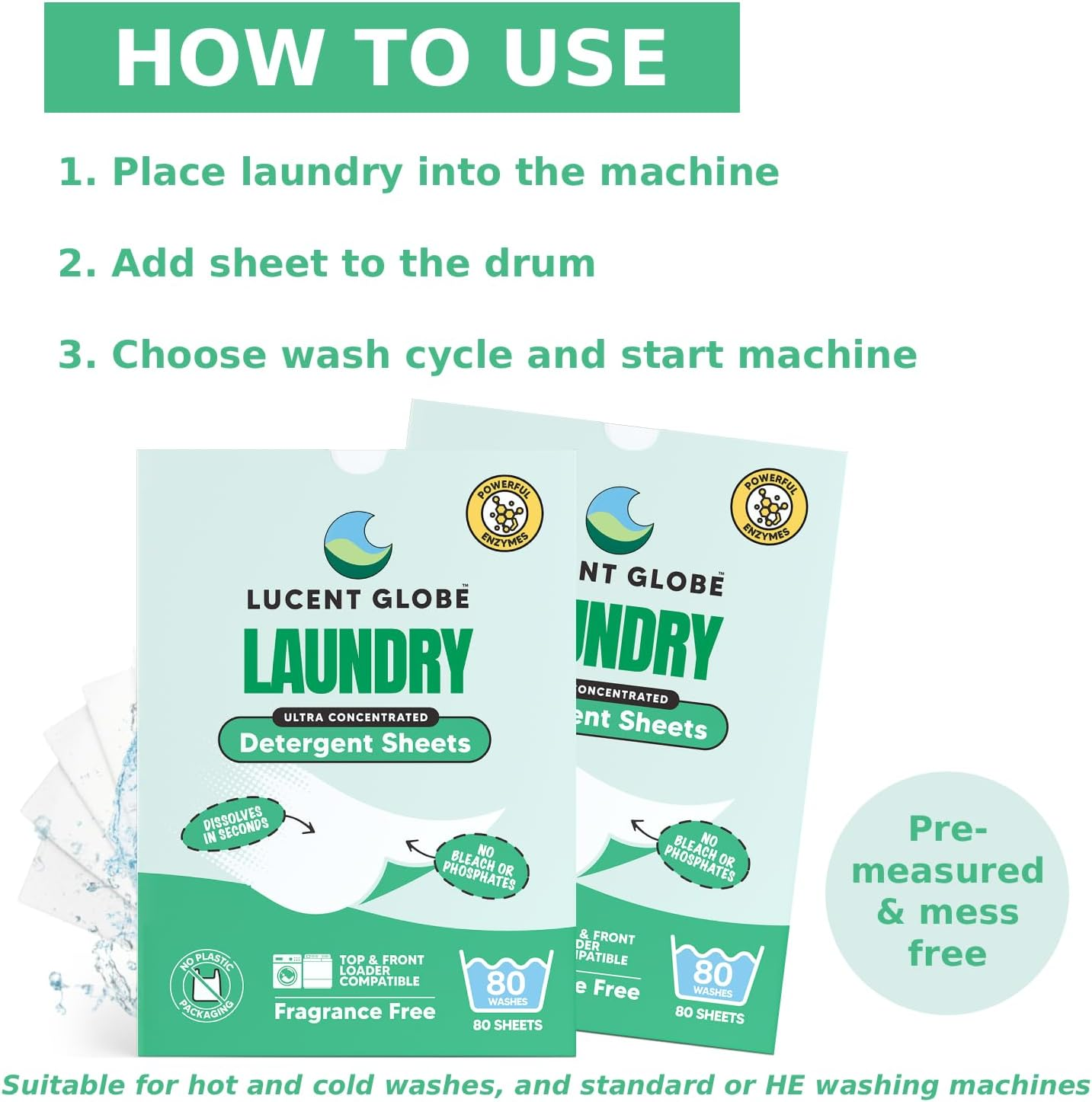 Lucent Globe Sensitive Laundry Detergent Sheets, Plant-Based, Biodegradable, Plastic Free Packaging. (4 Pack of 320 Washes, Fragrance Free) image number 2