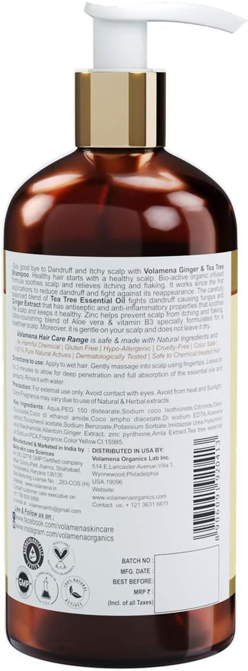 VOLAMENA with DEVICE Ginger & Tea Tree Shampoo with anti Dandruff Active Ingredients 300 Ml 10 Fm Oz image number 5