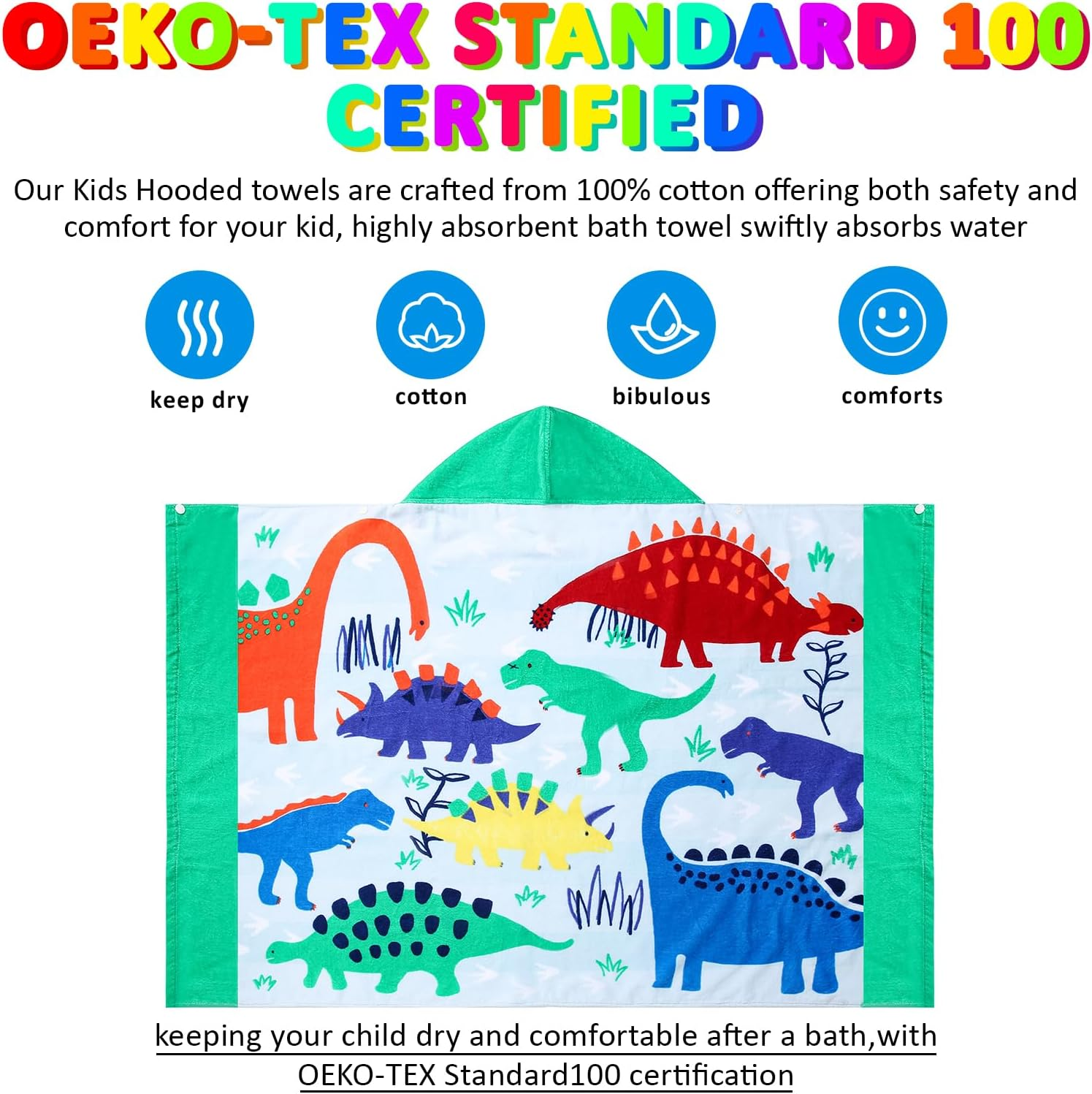 Bavilk Kids Hooded Bath Beach Towel Girls Boys Swim Pool Cover up Super Absorbent Cute Cartoon Animal Full Vitality (Dinosaur World)