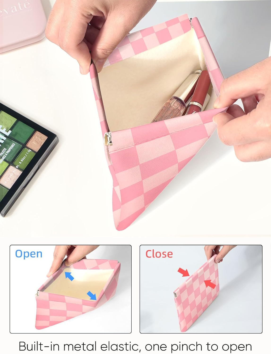 Ksriylm Rose Pink Checkered PU Leather Makeup Pouch Set for Women Cute Check Pattern Small Make up Bag for Purse Waterproof Initial Plaid Makeup Cosmetic Bags Pouches for Purse Travel Toiletry Bag - Brown image number 2