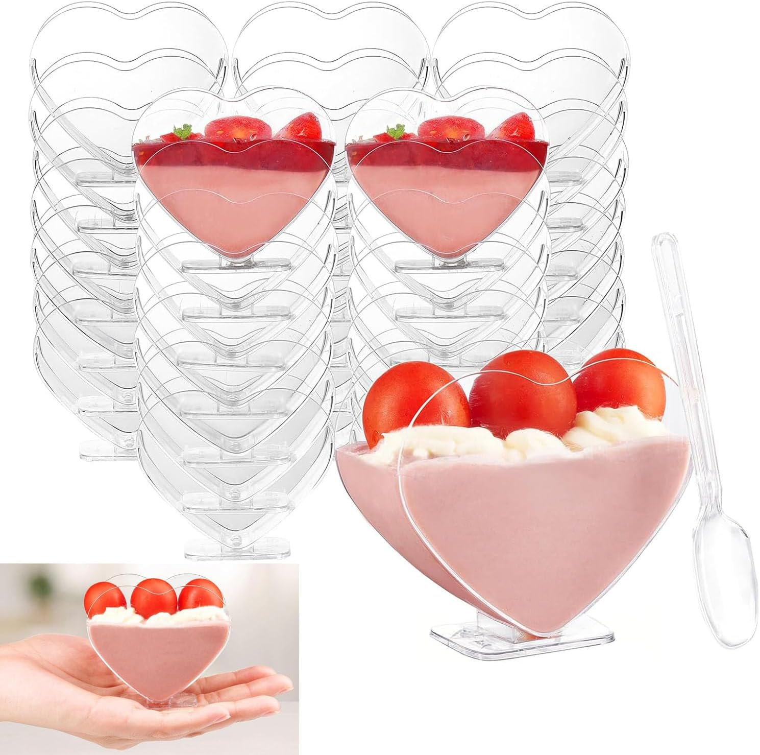 Paifeancodill Mini Dessert Cups with Spoons, 50 Pcs Reusable Clear Dessert Cups, Clear Dessert Shooter Cups, Plastic Parfait Appetizer Cup Dessert Pots Serving Cups for Food Mousse Pudding (Heart) image number 2