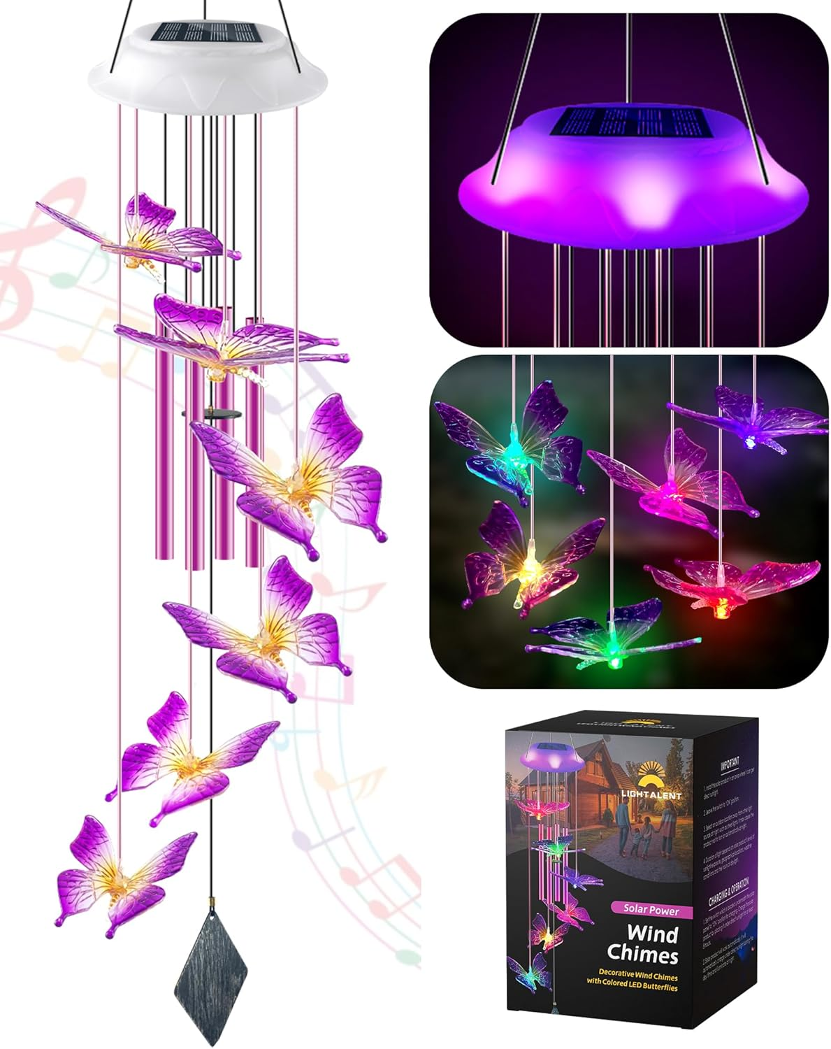 Purple Butterfly Solar Wind Chimes, Valentines Day Gifts for Him, Glowing Top Color Changing Moblie LED Wind Chime for Outside, Outdoor Home Party Garden Decor Light image number 3