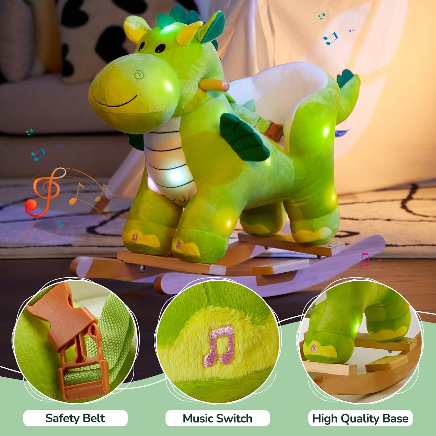 Glow Guards Musical Dinosaur Baby Rocking Horse Set - 2 Dinosaur Rockers with Safety Belt for Toddlers 1-3 - White Unicorn image number 4