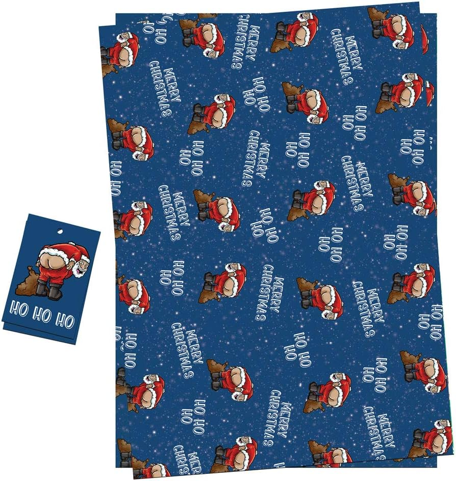 Christmas Wrapping Paper Sheets + Gift Tags (Pack 2) Funny Rude Santa Pulling a Moon Design image number 1