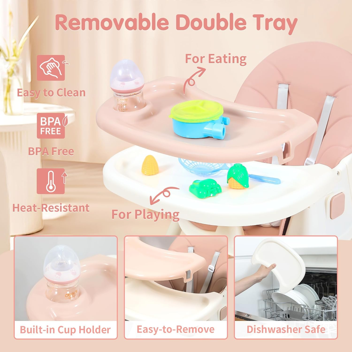 Portable Baby High Chair, 6 in 1 Convertible High Chairs for Babies & Toddlers with 5-Point Safety Harness, Foldable High Chair for Space-Saving, Adjustable Dining Tray, Backrest & Height image number 4